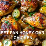 SHEET PAN HONEY GARLIC CHICKEN centered hero view, clean and uncluttered