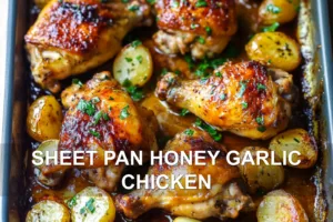SHEET PAN HONEY GARLIC CHICKEN centered hero view, clean and uncluttered