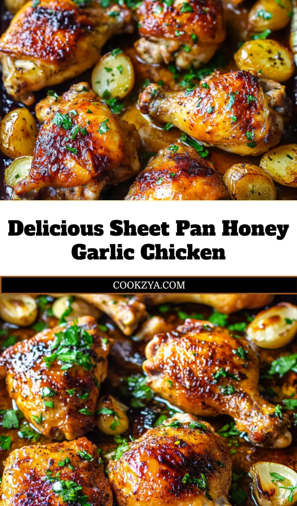 Close-up of Sheet Pan Honey Garlic Chicken fresh from the oven, golden and delicious