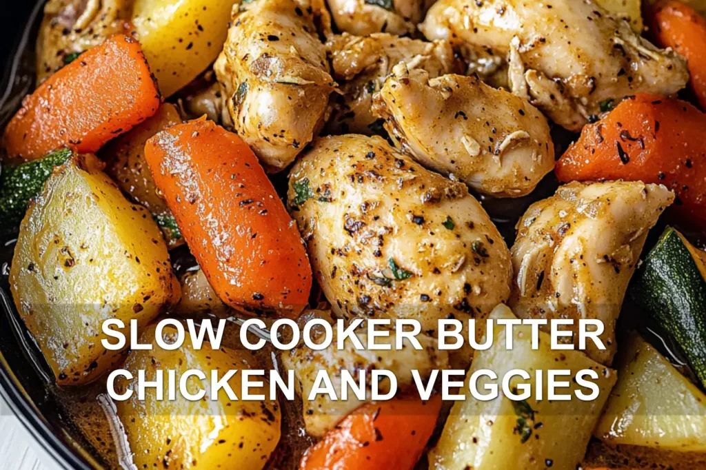 SLOW COOKER BUTTER CHICKEN AND VEGGIES centered hero view, clean and uncluttered