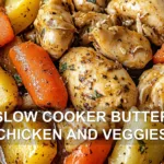SLOW COOKER BUTTER CHICKEN AND VEGGIES centered hero view, clean and uncluttered