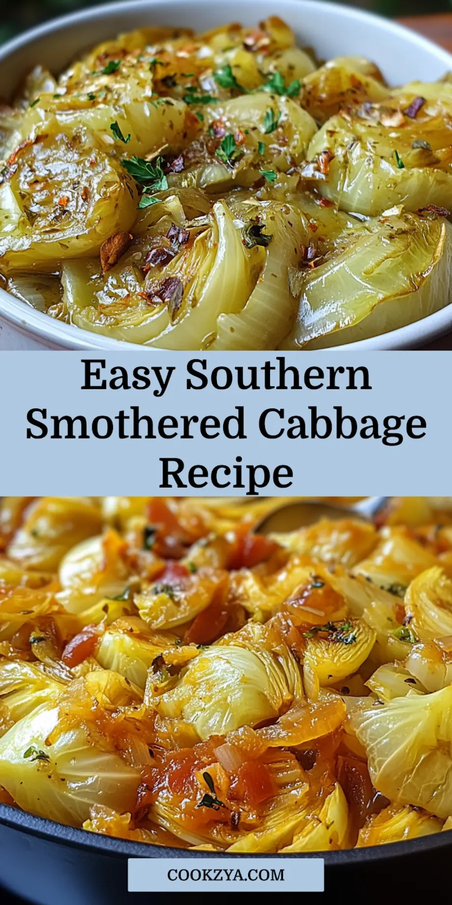 Close-up of smothered cabbage in a bowl, garnished with fresh parsley