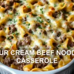 SOUR CREAM BEEF NOODLE CASSEROLE centered hero view, clean and uncluttered