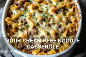 How to Make Sour Cream Beef Noodle Casserole Deliciously SOUR CREAM BEEF NOODLE CASSEROLE centered hero view, clean and uncluttered