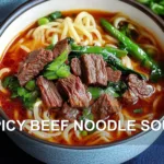 SPICY BEEF NOODLE SOUP centered hero view, clean and uncluttered