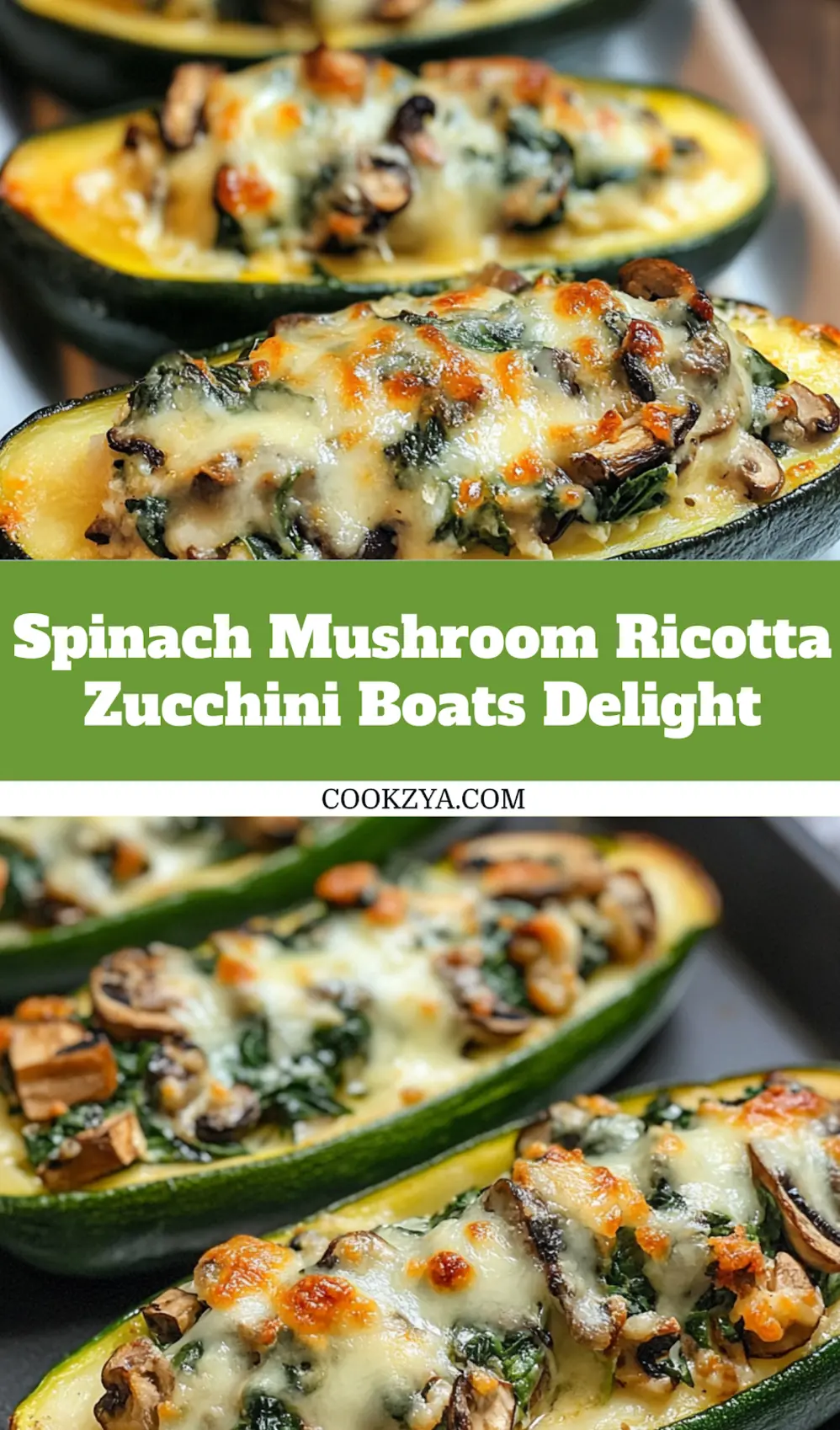 Finished Spinach Mushroom and Ricotta Stuffed Zucchini Boats served on a plate with fresh herbs
