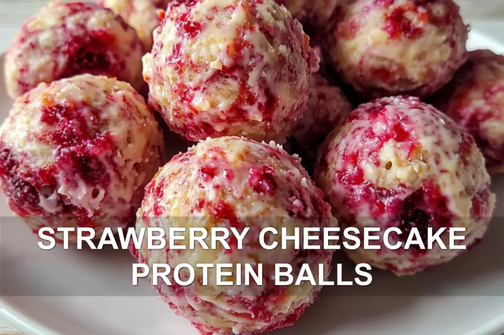 STRAWBERRY CHEESECAKE PROTEIN BALLS centered hero view, clean and uncluttered