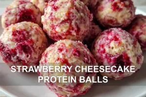 STRAWBERRY CHEESECAKE PROTEIN BALLS centered hero view, clean and uncluttered