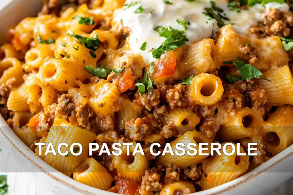 TACO PASTA CASSEROLE centered hero view, clean and uncluttered