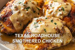 TEXAS ROADHOUSE SMOTHERED CHICKEN centered hero view, clean and uncluttered