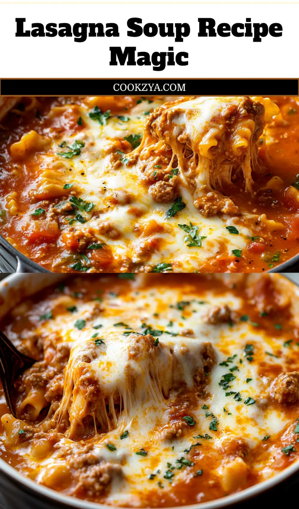 Deliciously Simple Best Lasagna Soup Recipe 7 A close-up shot of a creamy bowl of The Best Lasagna Soup, topped with melted mozzarella and fresh basil, perfect for Pinterest.
