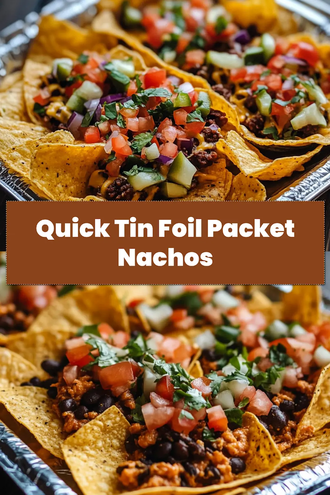 Tin foil packet nachos plated and ready to serve, clean and inviting