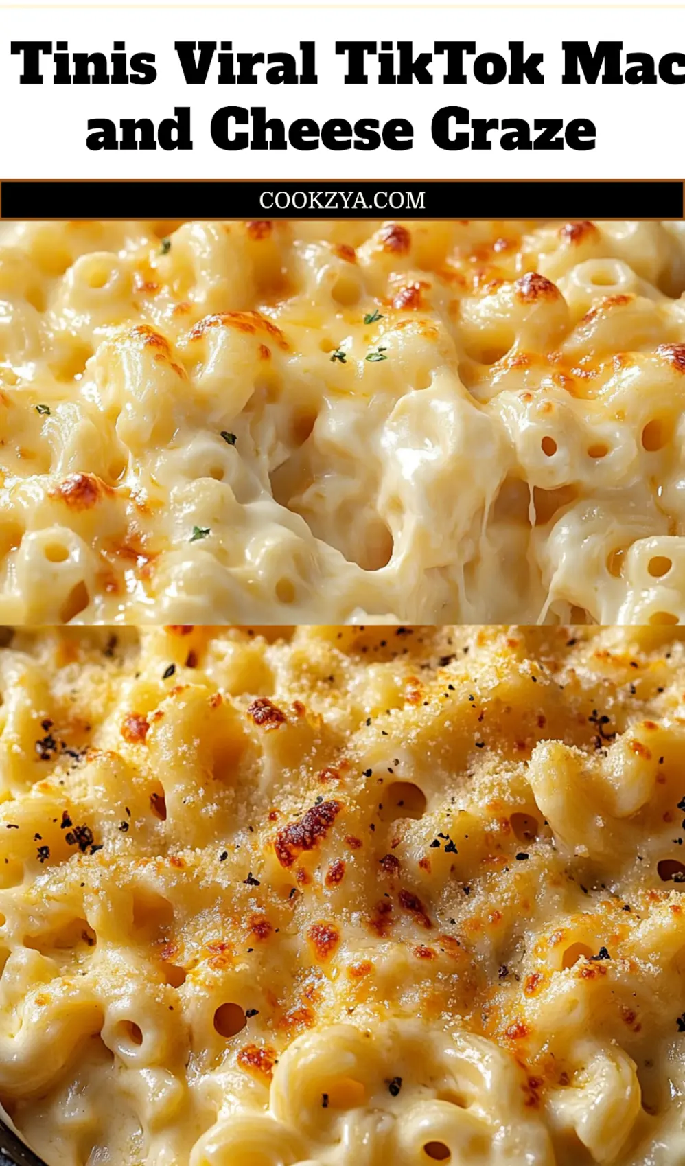 Close-up of Tinis Viral TikTok Mac and Cheese in a baking dish, golden and bubbly with breadcrumb topping