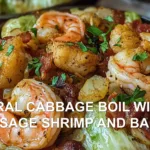 VIRAL CABBAGE BOIL WITH SAUSAGE SHRIMP AND BACON centered hero view, clean and uncluttered