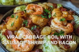 VIRAL CABBAGE BOIL WITH SAUSAGE SHRIMP AND BACON centered hero view, clean and uncluttered