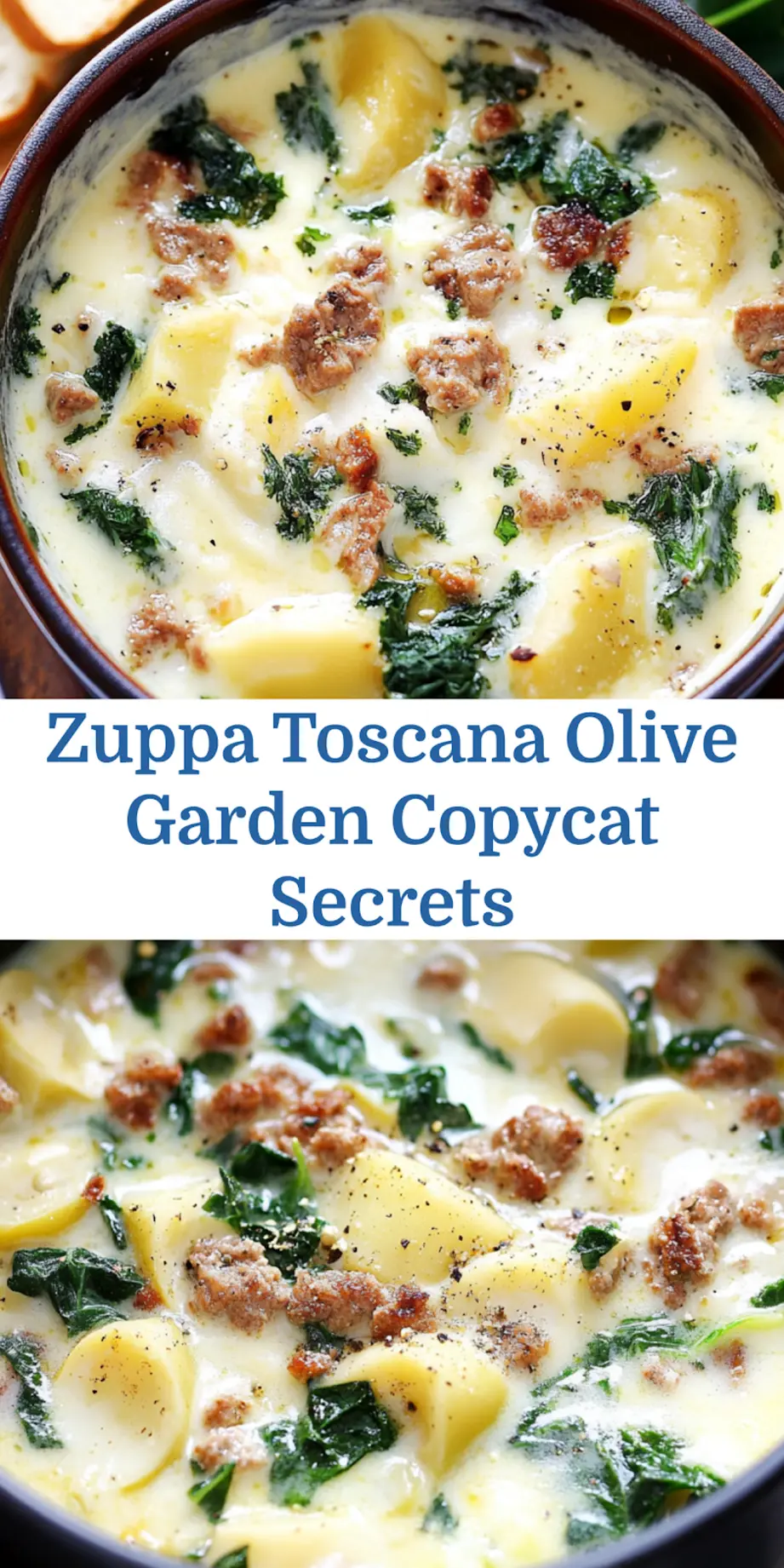 Finished bowl of Zuppa Toscana Olive Garden copycat soup with crispy bacon on top