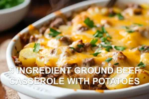 5 Ingredient Ground Beef Casserole With Potatoes Recipe 5 INGREDIENT GROUND BEEF CASSEROLE WITH POTATOES in white baking dish with golden cheese topping