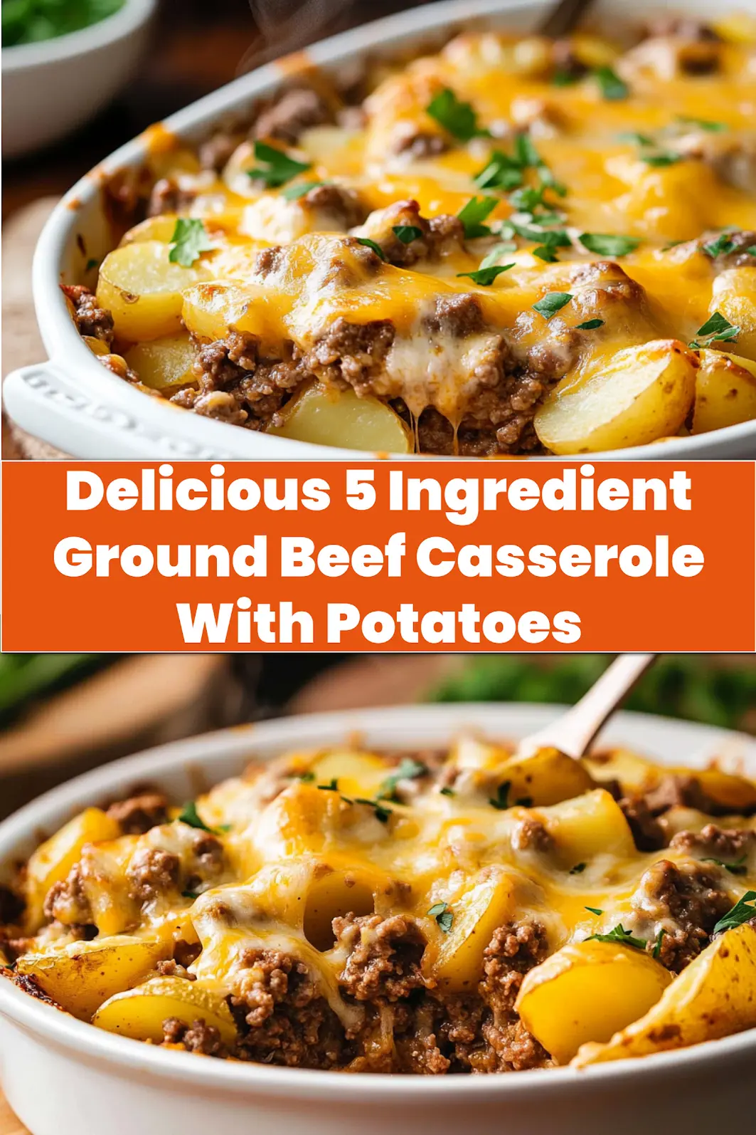 5 Ingredient Ground Beef Casserole With Potatoes Recipe 7 5 ingredient ground beef casserole with potatoes in white baking dish with golden cheese topping
