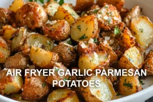 AIR FRYER GARLIC PARMESAN POTATOES centered hero view, clean and uncluttered