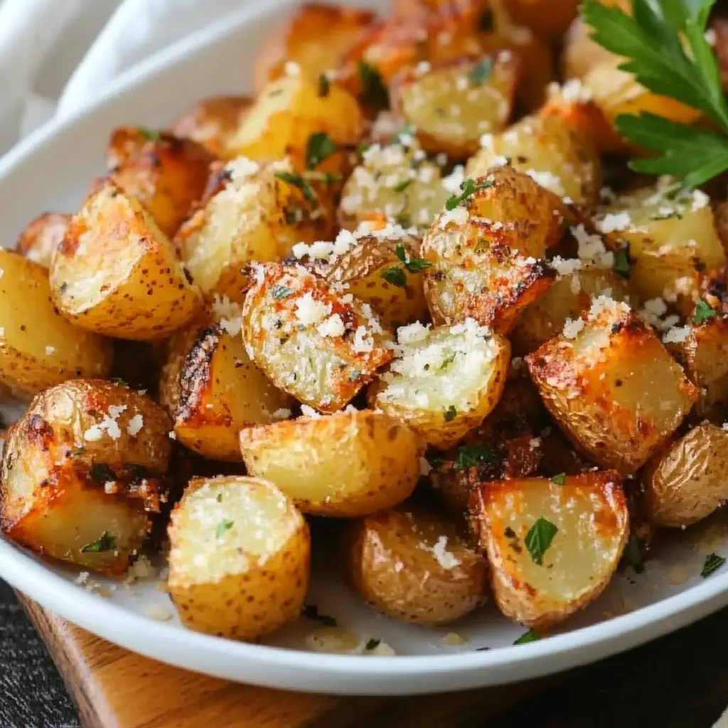Air Fryer Garlic Parmesan Potatoes Recipe Easy and Delicious 6 AIR FRYER GARLIC PARMESAN POTATOES centered hero view, clean and uncluttered