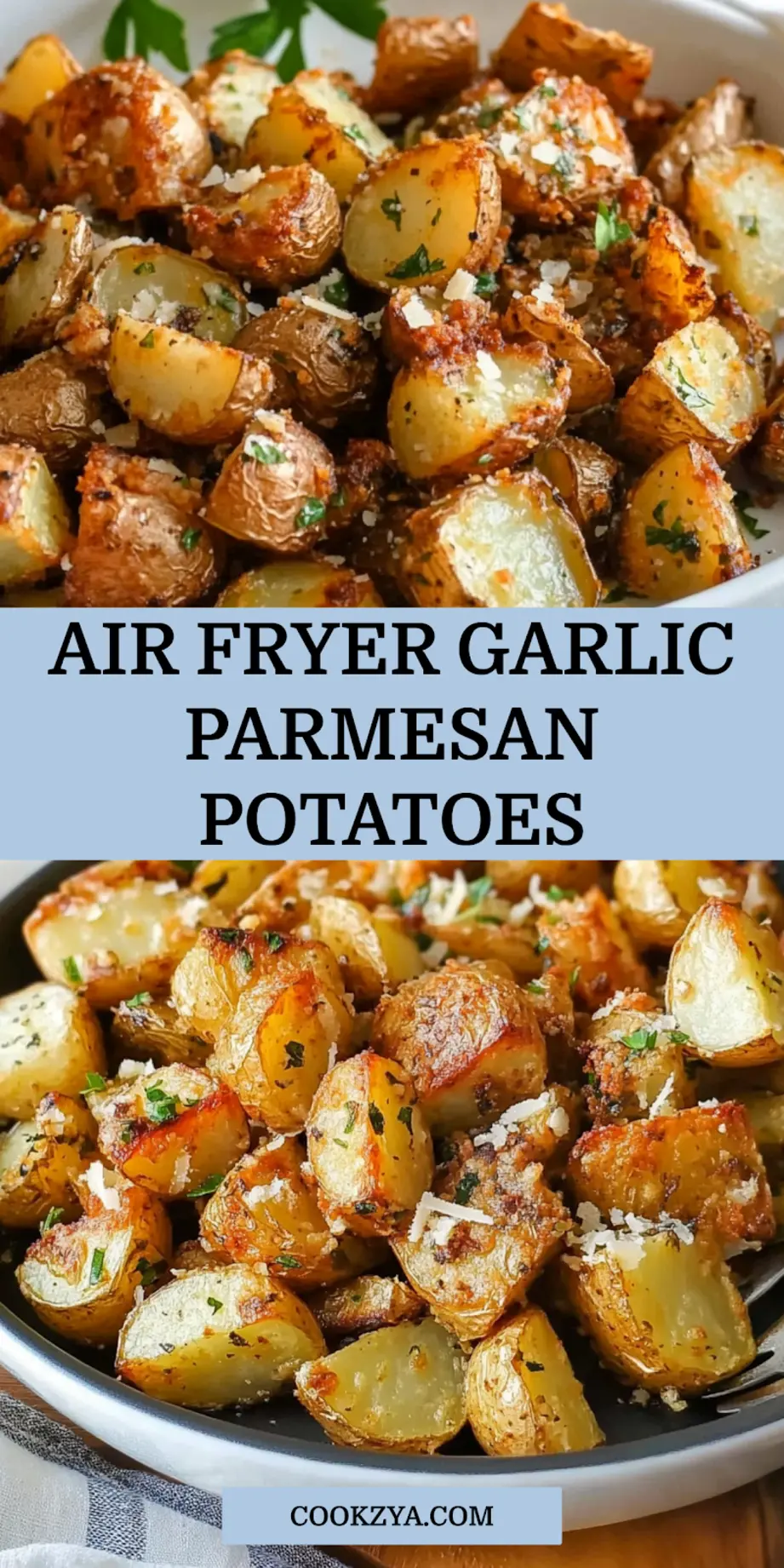 Air Fryer Garlic Parmesan Potatoes Recipe Easy and Delicious 7 AIR FRYER GARLIC PARMESAN POTATOES centered hero view, clean and uncluttered
