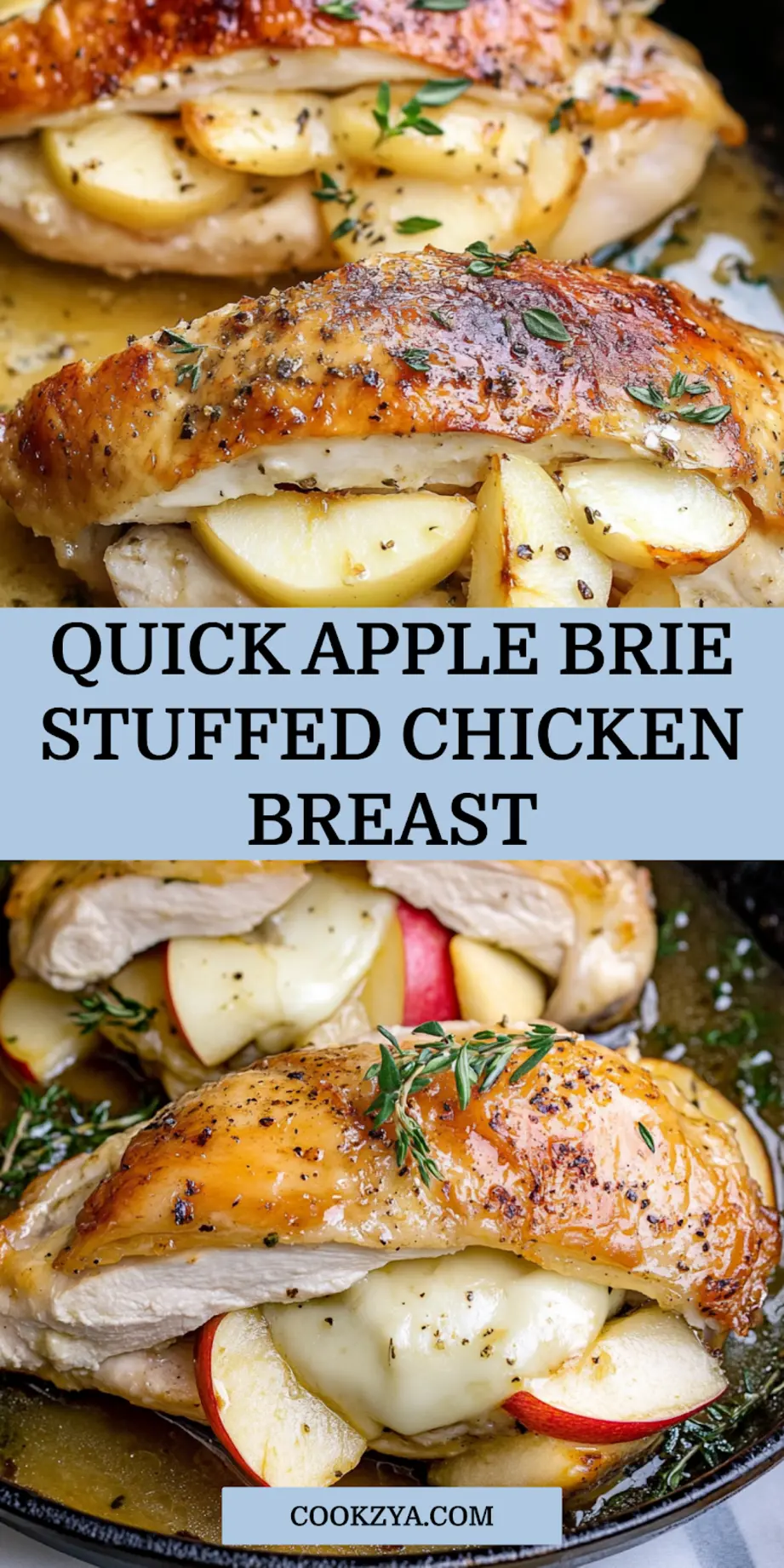 Apple and Brie Stuffed Chicken Breast centered hero view, clean and uncluttered pin