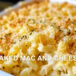 BAKED MAC AND CHEESE centered hero view, clean and uncluttered