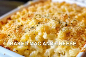 BAKED MAC AND CHEESE centered hero view, clean and uncluttered