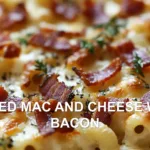 Baked mac and cheese with bacon in white dish, golden crusty top with crispy bacon pieces