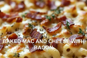 Baked mac and cheese with bacon in white dish, golden crusty top with crispy bacon pieces