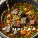 BEEF BARLEY SOUP in rustic bowl, centered hero shot with tender beef chunks and pearl barley in rich broth