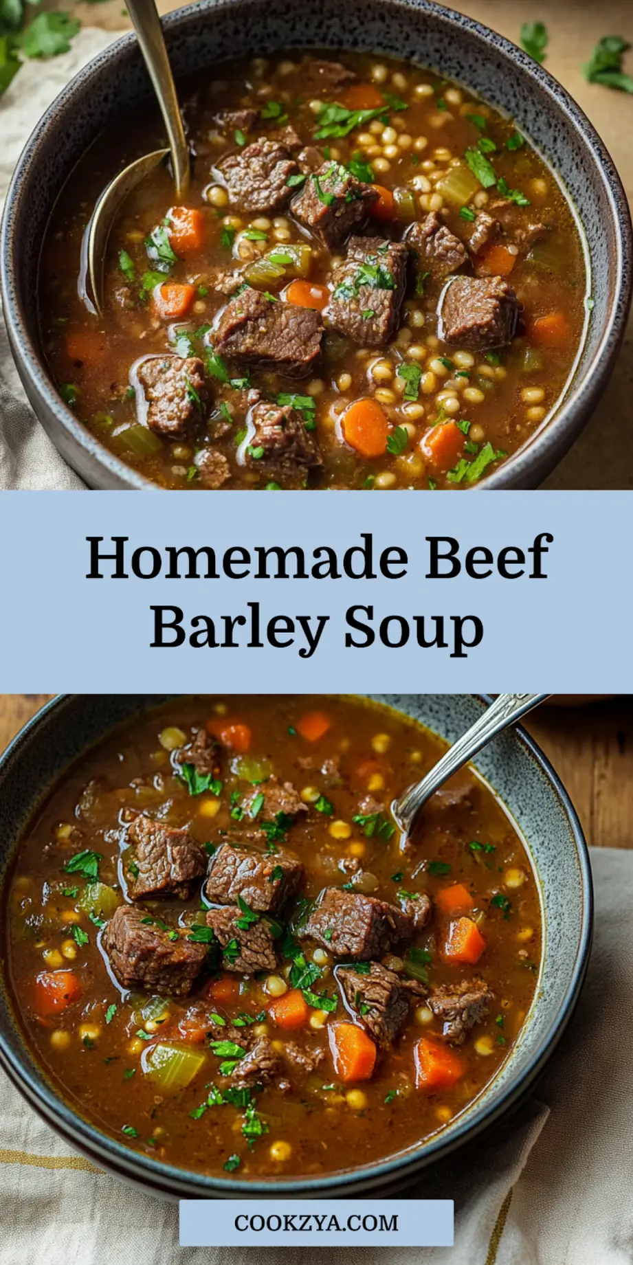 How to Make the Best Beef Barley Soup Ever 7 Beef barley soup pin image with tender beef chunks and pearl barley in rustic bowl
