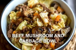 Best Beef Mushroom and Cabbage Bowl Recipe Ever BEEF MUSHROOM AND CABBAGE BOWL centered hero view, clean and uncluttered