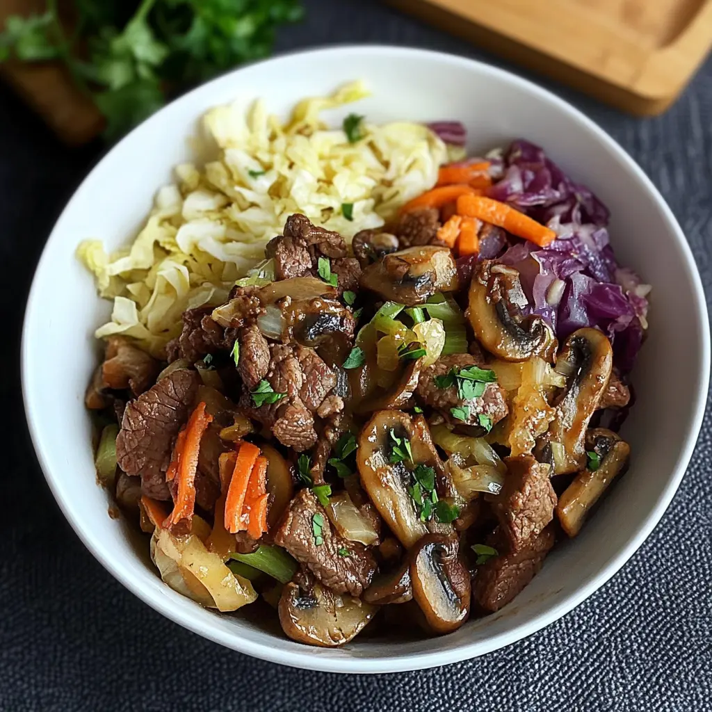 Best Beef Mushroom and Cabbage Bowl Recipe Ever 6 BEEF MUSHROOM AND CABBAGE BOWL centered hero view, clean and uncluttered