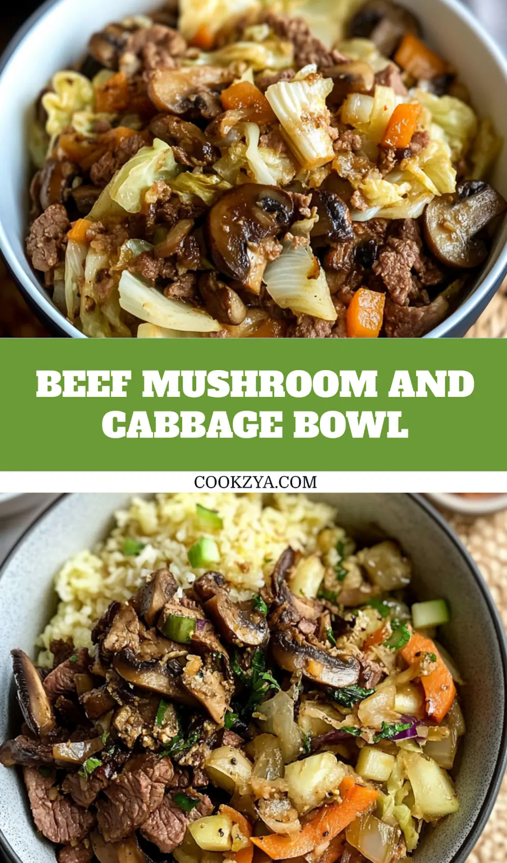 Best Beef Mushroom and Cabbage Bowl Recipe Ever 7 BEEF MUSHROOM AND CABBAGE BOWL centered hero view, clean and uncluttered