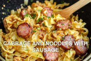 How to Make Cabbage and Noodles with Sausage Now CABBAGE AND NOODLES WITH SAUSAGE centered hero view, clean and uncluttered