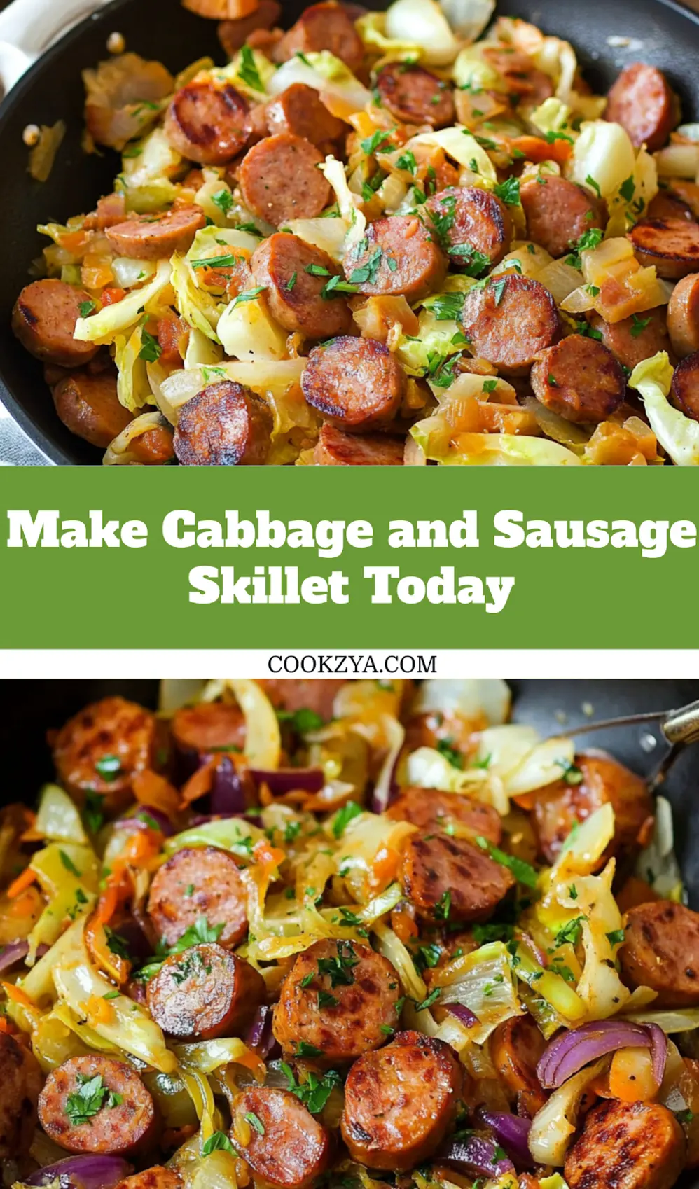 Prepared Cabbage and Sausage Skillet ready to serve on a clean countertop