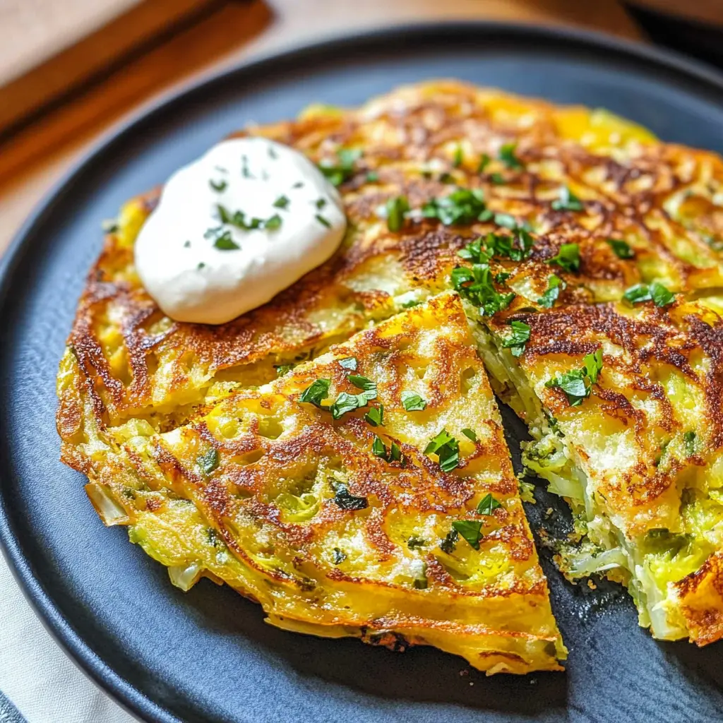 Cabbage Pancake Recipe - Easy and Delicious in Minutes 6 Golden crispy cabbage pancake with fresh dill on a white plate