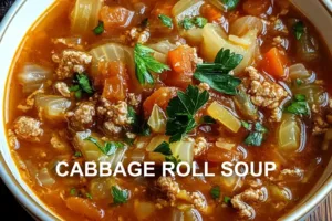 Cabbage Roll Soup Recipe: Easy Comforting One Pot Meal CABBAGE ROLL SOUP centered hero view, clean and uncluttered