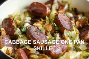 CABBAGE SAUSAGE ONE PAN SKILLET centered hero view, clean and uncluttered