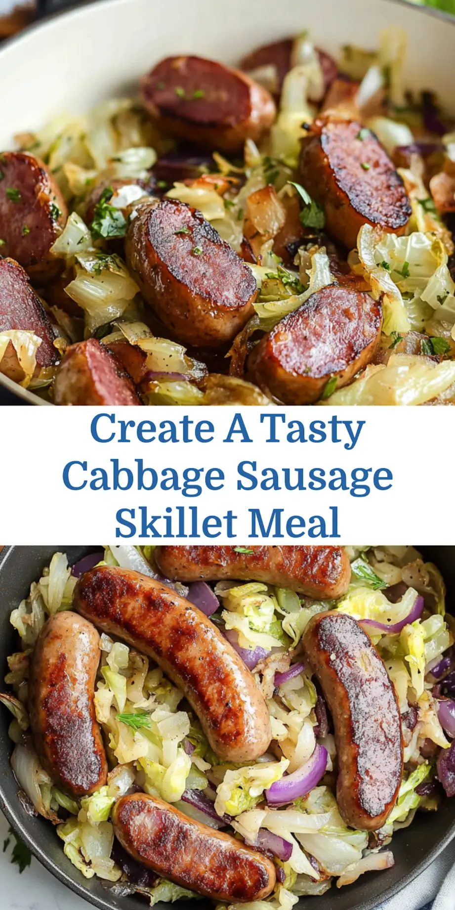 Finished cabbage sausage one-pan skillet plated and ready to serve