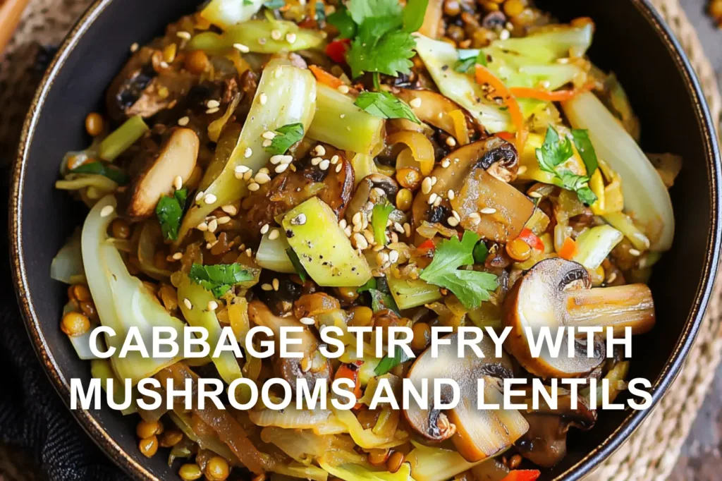 CABBAGE STIR FRY WITH MUSHROOMS AND LENTILS centered hero view, clean and uncluttered