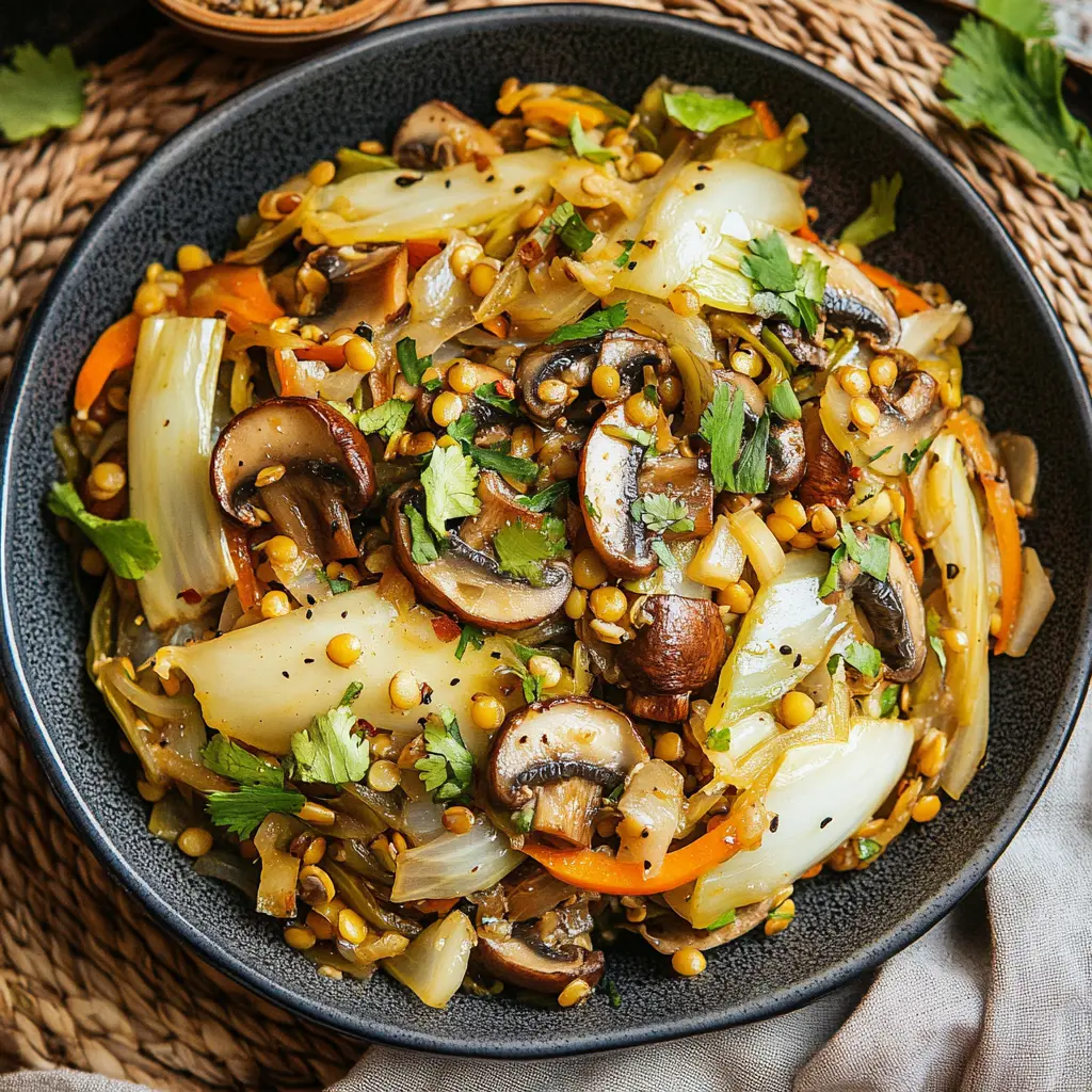 CABBAGE STIR FRY WITH MUSHROOMS AND LENTILS centered hero view, clean and uncluttered