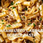 CARAMELIZED CABBAGE BUTTER PASTA centered hero view, clean and uncluttered