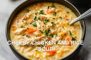 CHEESY CHICKEN AND RICE SOUP centered hero view, clean and uncluttered