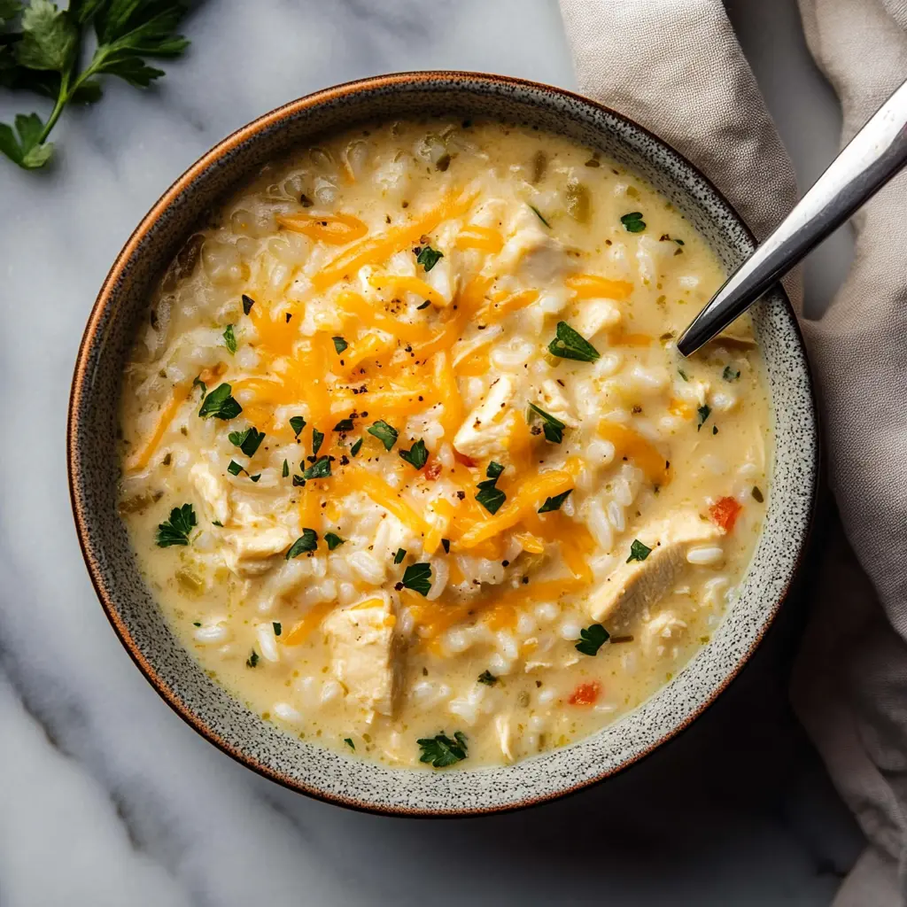 Cheesy Chicken and Rice Soup Recipe Easy and Cozy 6 CHEESY CHICKEN AND RICE SOUP centered hero view, clean and uncluttered