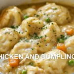 CHICKEN AND DUMPLINGS centered hero view, clean and uncluttered