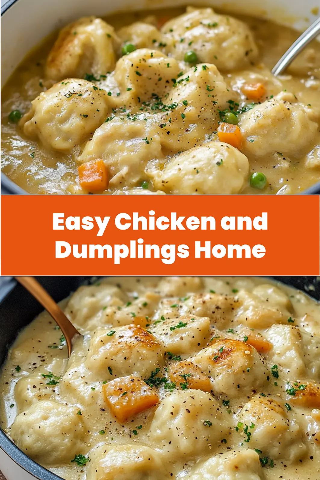 Plated chicken and dumplings served steaming hot in a bowl