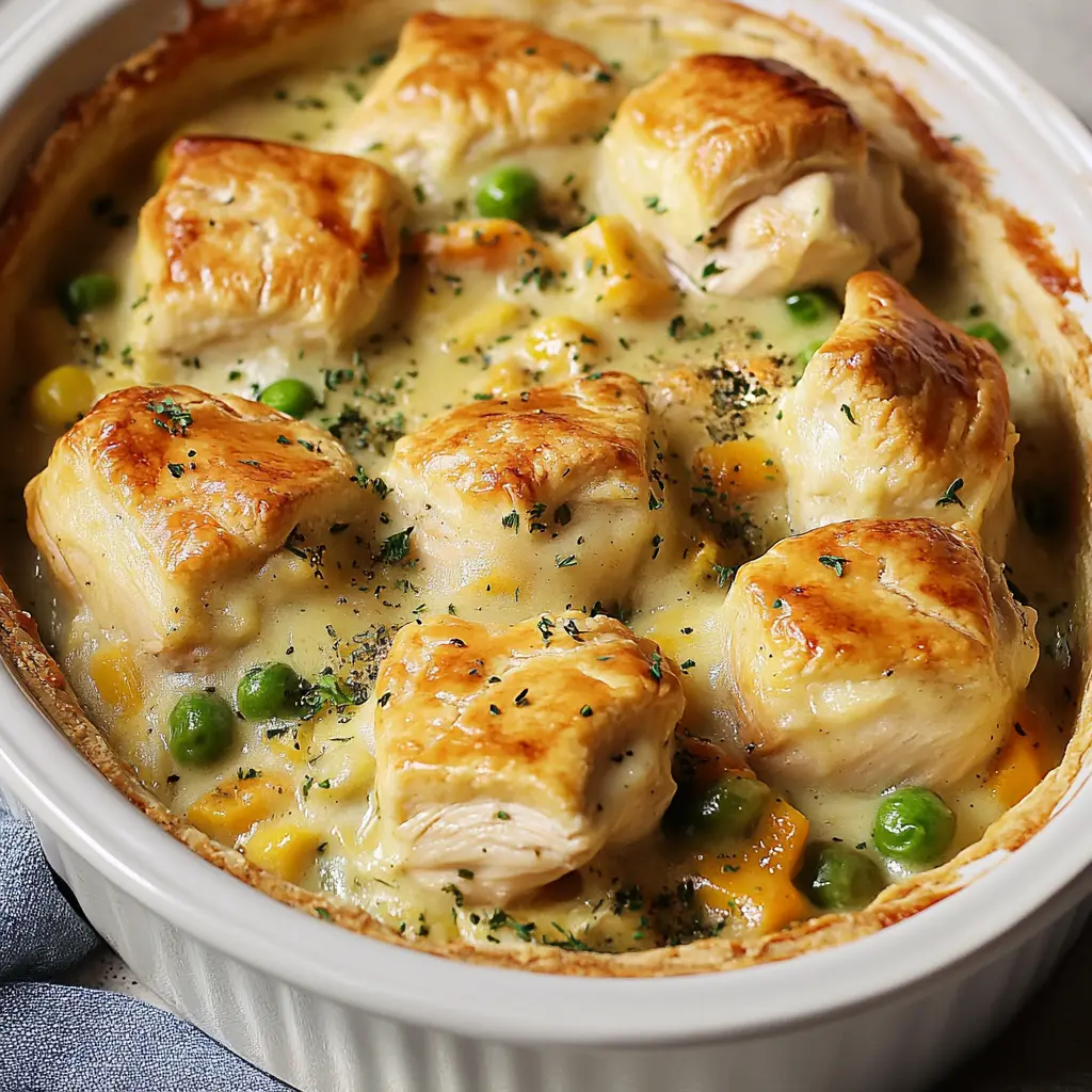 CHICKEN POT PIE CASSEROLE centered hero view, clean and uncluttered