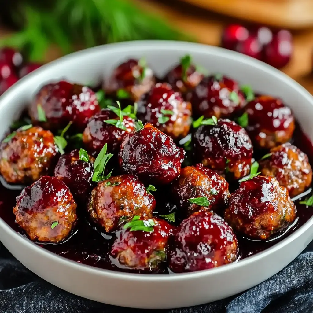 Christmas cranberry meatballs, centered hero view, clean and uncluttered